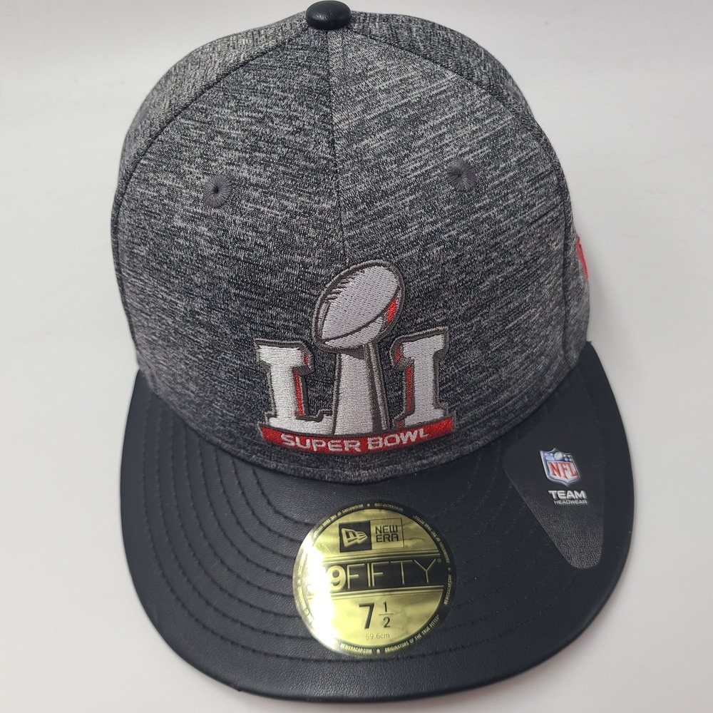 Super Bowl LI Hat Fitted 7 1/2 New Era 59Fifty Gray Black NFL Leather Brim Men